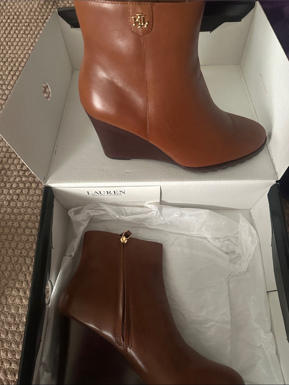 Lauren Ralph Lauren Cognac Leather Wedge Ankle Boots